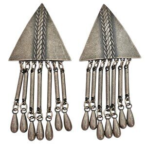 Tribal Silver Tone Vintage Triangle Long Dangle Clip-On Earrings, L626